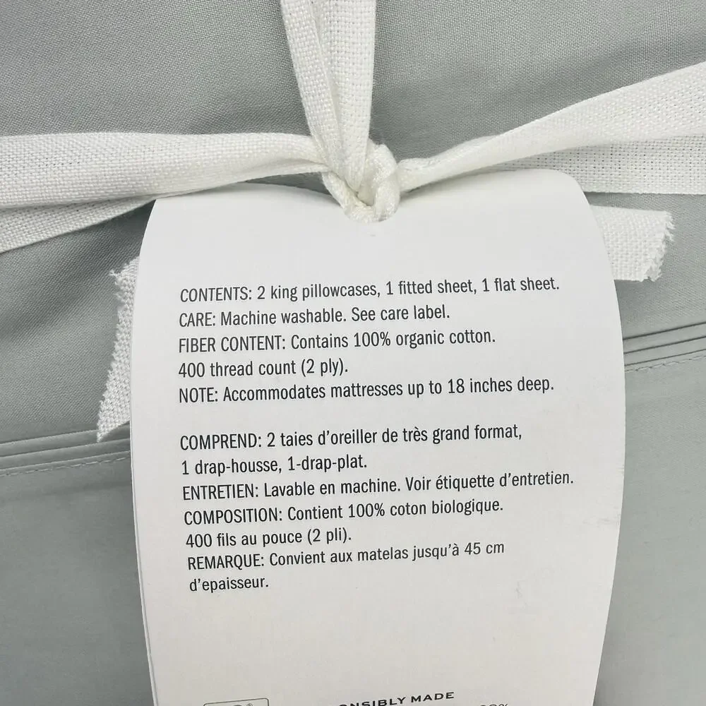 Pottery Barn Sheet Set KING Classic Gray Mist 400 Thread Count Organic Percale